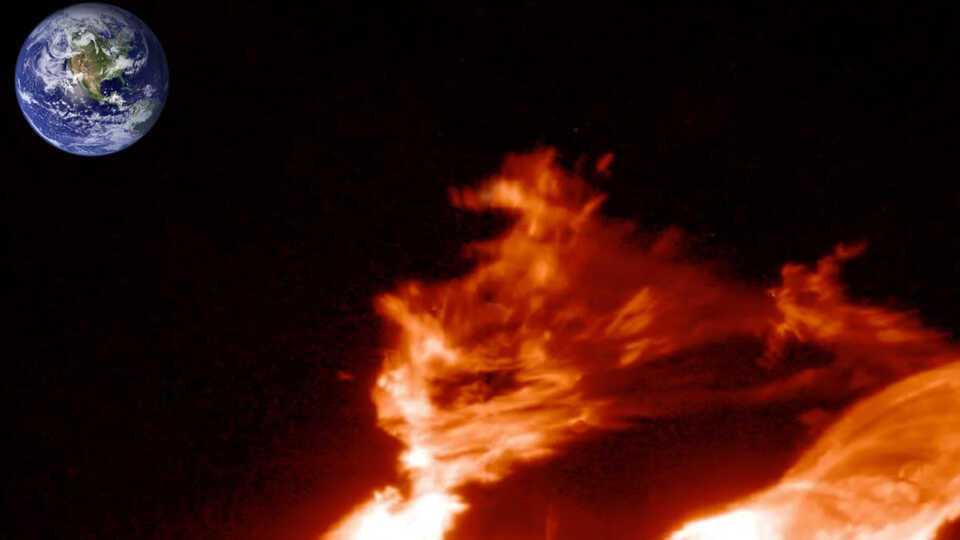 A large eruption in the low solar atmosphere caught in the act by NASA's Interface Region Imaging Spectrograph (IRIS), a solar telescope orbiting Earth since 2013. Earth is shown for scale. When these types of events propagate into interplanetary space they can impact space nearby Earth, causing space weather.